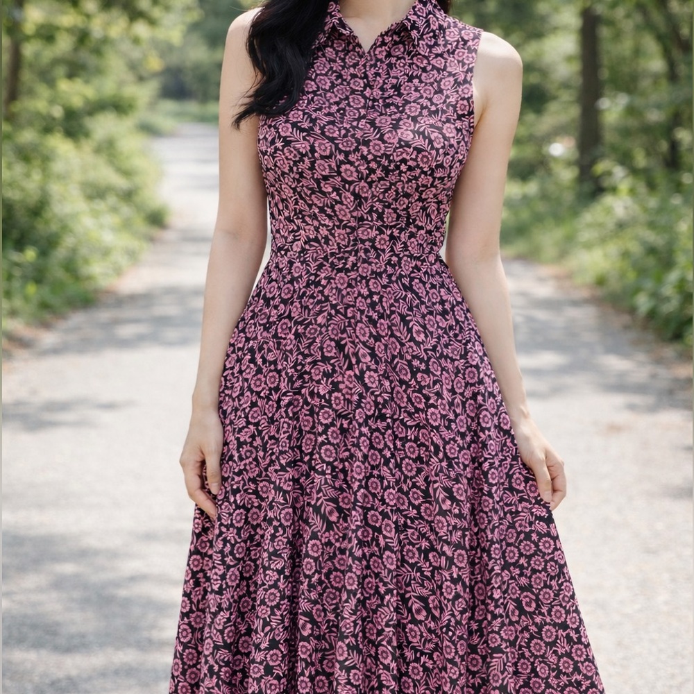 Nanette Lepore Pink and Black Floral Print Sleeveless Midi Dress